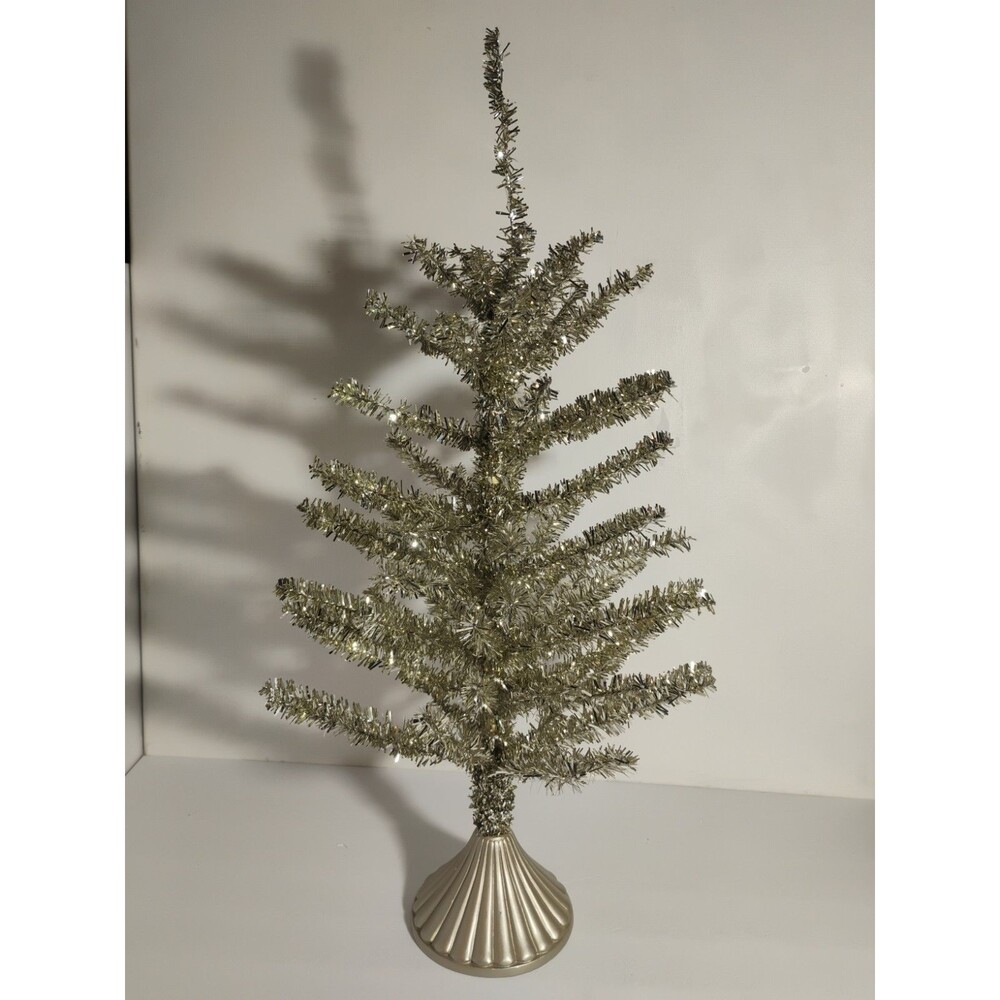 Vintage 26" Tinsel Chrismas Tree Gold/Silverish Tabletop With Decorative Base